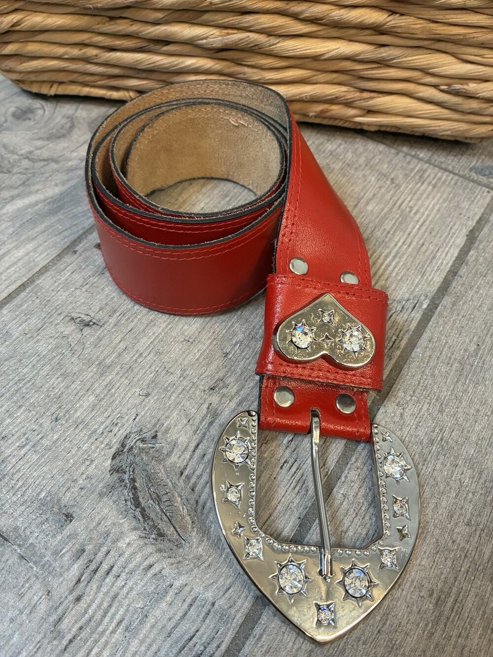 Vintage 80s Red Genuine Leather Cowgirl Belt Rhinestone Heart Revcor Buckle M/L